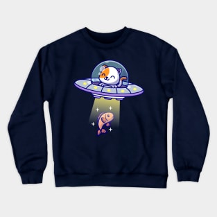 Cute Cat Catching Fish With Ufo Cartoon Crewneck Sweatshirt